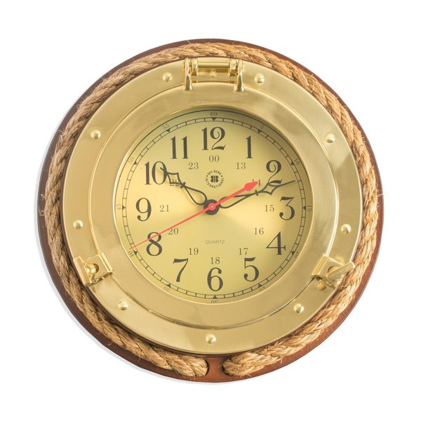 Bey Berk International Bey-Berk International SQ501 Brass Porthole Quartz Clock with Fishermans Rope on Dark Cherry Wood & Gold SQ501